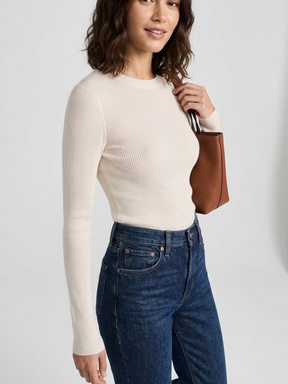 Rag & Bone Cream Ribbed Long-Sleeve Crewneck Top Size M